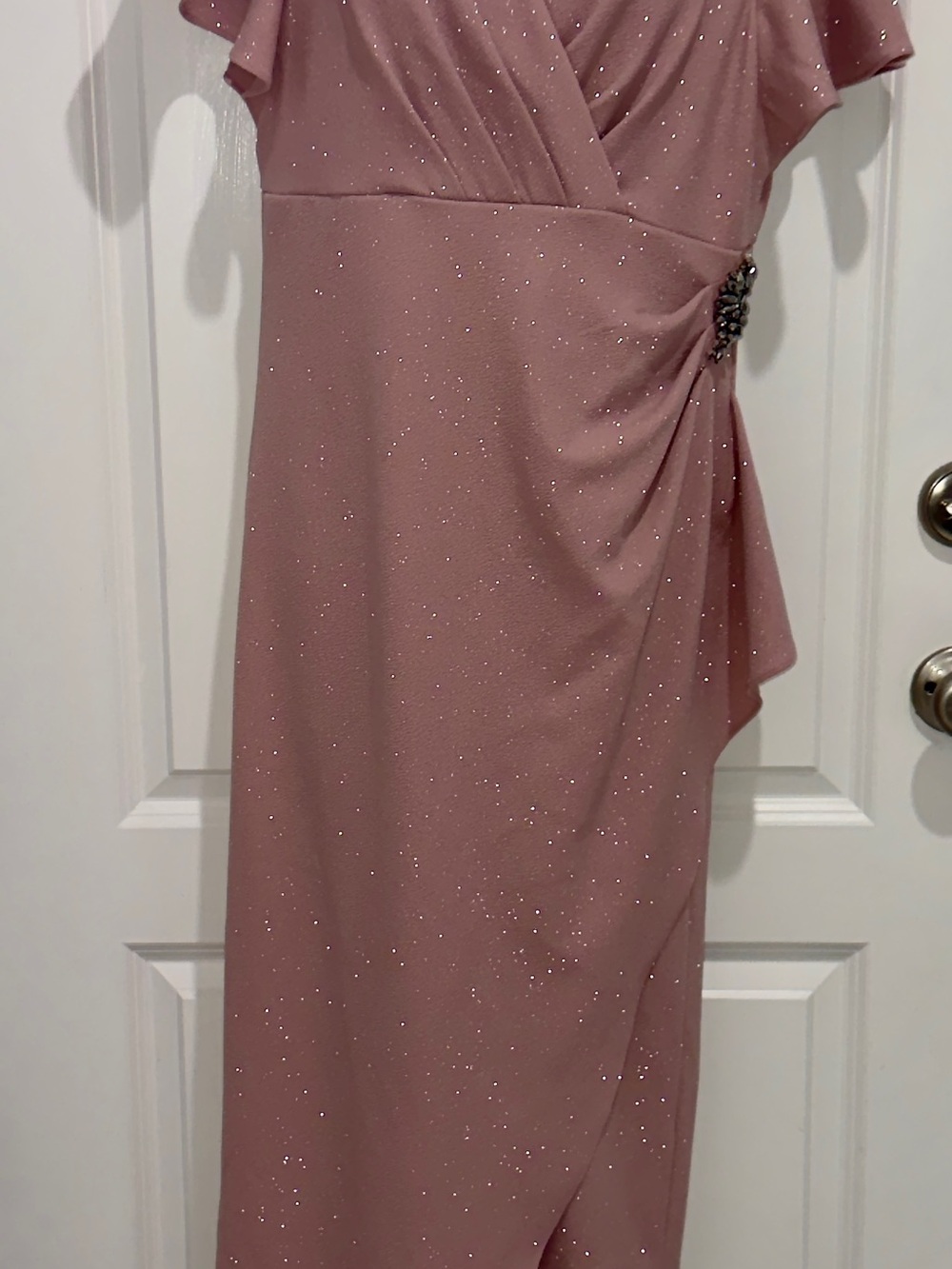 Elegant Sparkle Wrap-Front Dusty Rose Evening Dress